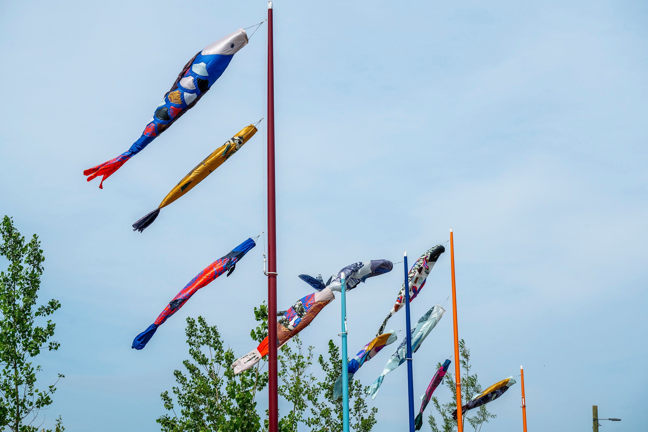 Several colorful, fish-shaped windsocks fly from tall blue and orange poles above a gravel path. Young trees and green ground cover line the path, with a city skyline visible in the distance under a light gray sky.